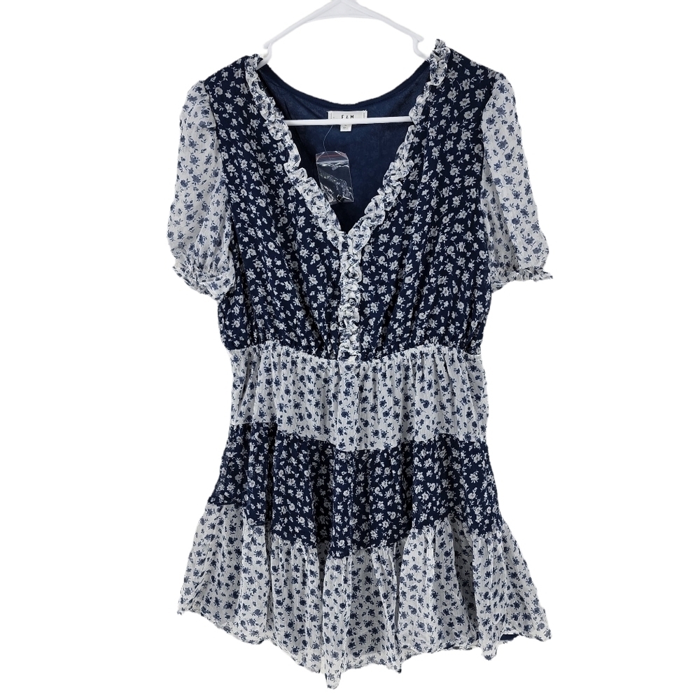 E&M Women's Floral V-Neck Ruffled Tiered Mini Dress - L